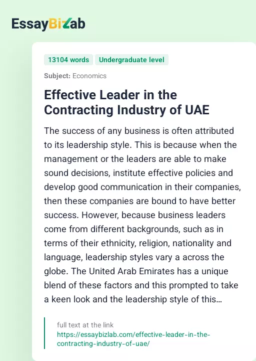 Effective Leader in the Contracting Industry of UAE - Essay Preview
