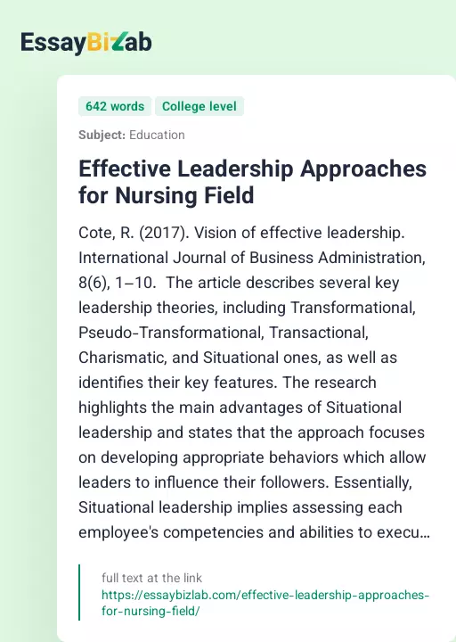 Effective Leadership Approaches for Nursing Field - Essay Preview