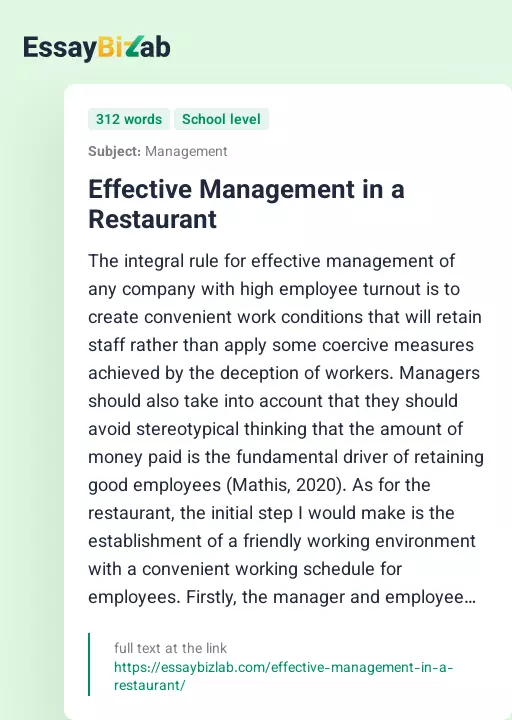 Effective Management in a Restaurant - Essay Preview