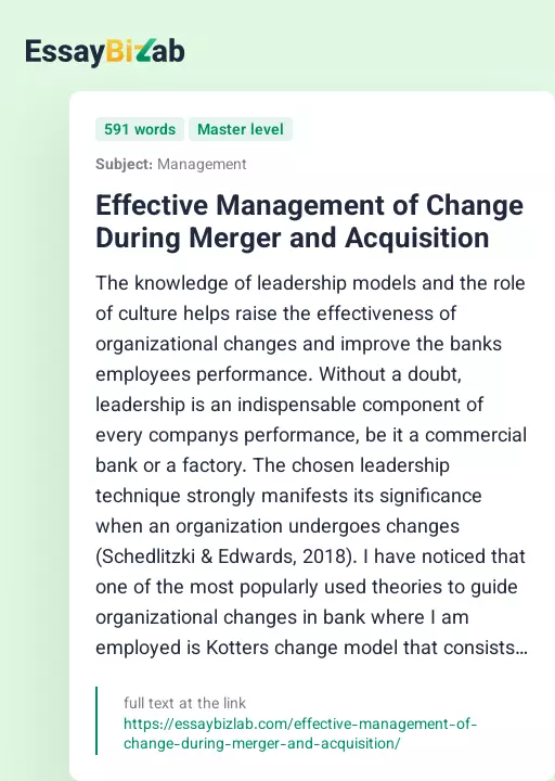 Effective Management of Change During Merger and Acquisition - Essay Preview