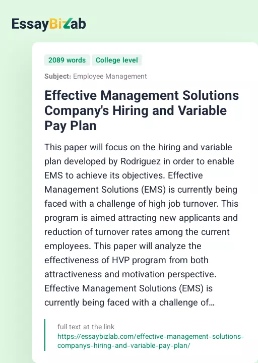 Effective Management Solutions Company's Hiring and Variable Pay Plan - Essay Preview