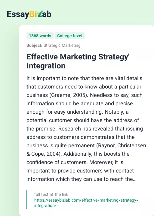 Effective Marketing Strategy' Integration - Essay Preview