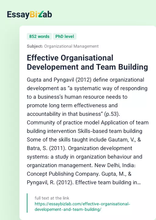 Effective Organisational Developement and Team Building - Essay Preview