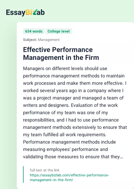 Effective Performance Management in the Firm - Essay Preview
