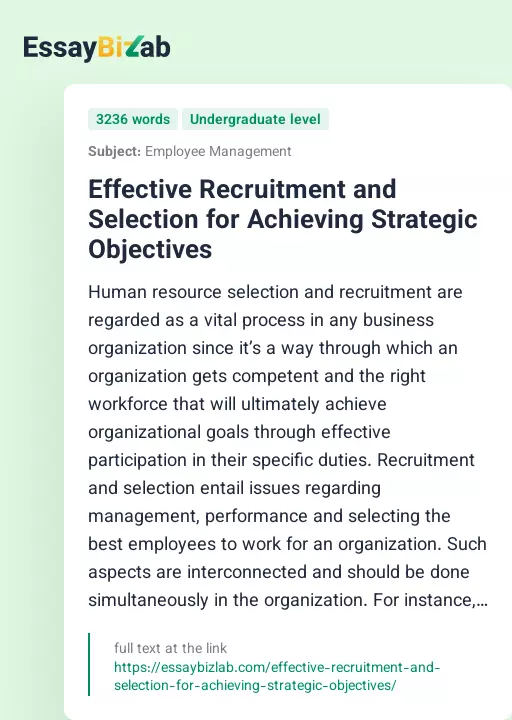 Effective Recruitment and Selection for Achieving Strategic Objectives - Essay Preview