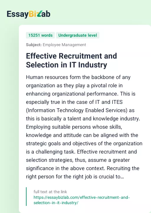 Effective Recruitment and Selection in IT Industry - Essay Preview