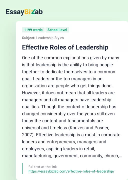 Effective Roles of Leadership - Essay Preview