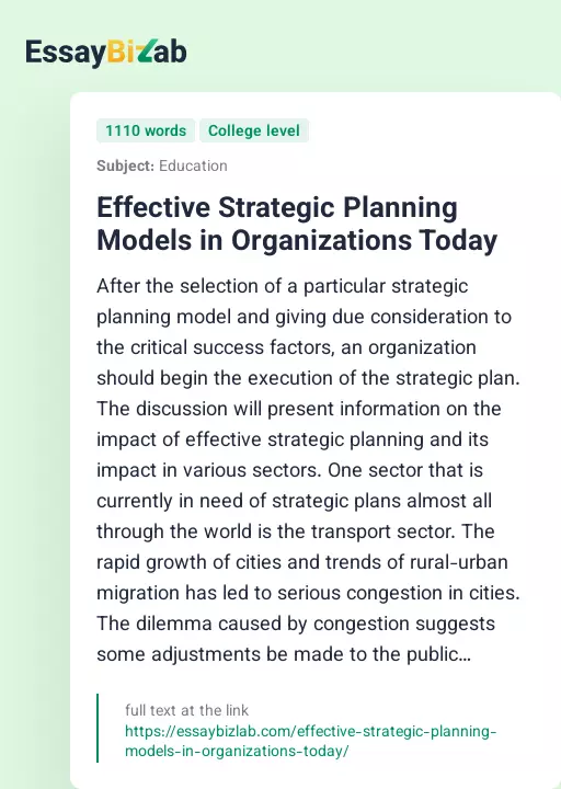 Effective Strategic Planning Models in Organizations Today - Essay Preview