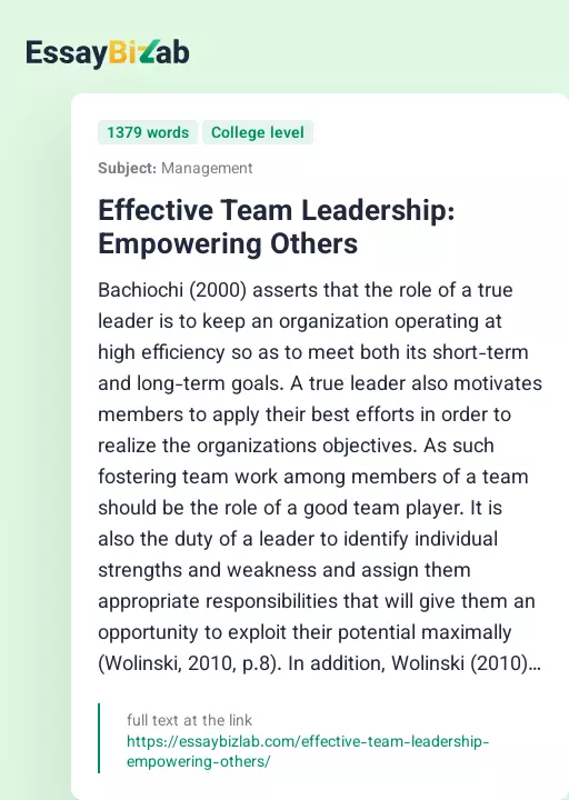 Effective Team Leadership: Empowering Others - Essay Preview