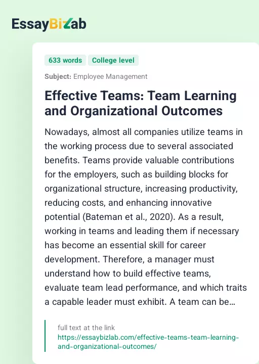 Effective Teams: Team Learning and Organizational Outcomes - Essay Preview