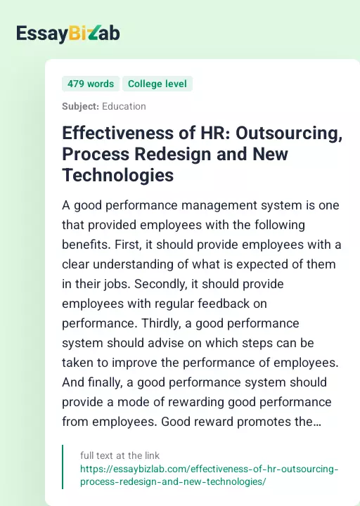 Effectiveness of HR: Outsourcing, Process Redesign and New Technologies - Essay Preview