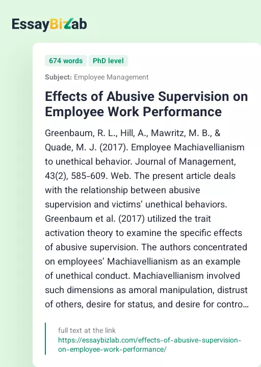 Effects of Abusive Supervision on Employee Work Performance - Essay Preview