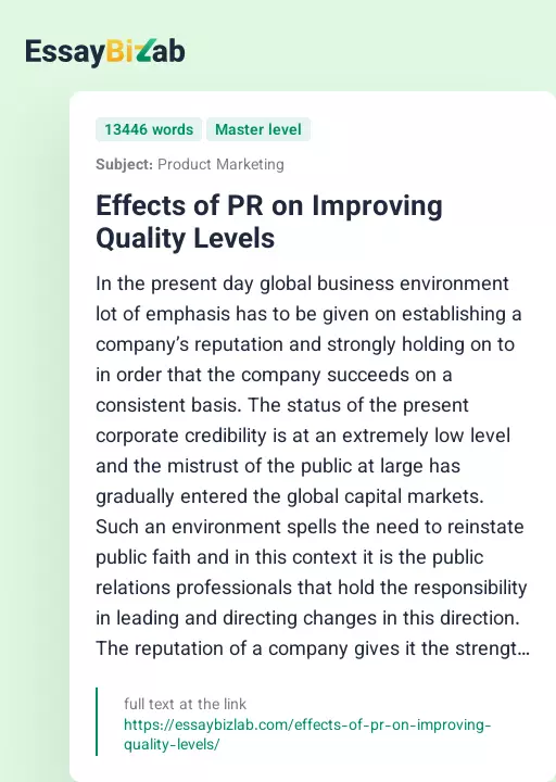Effects of PR on Improving Quality Levels - Essay Preview