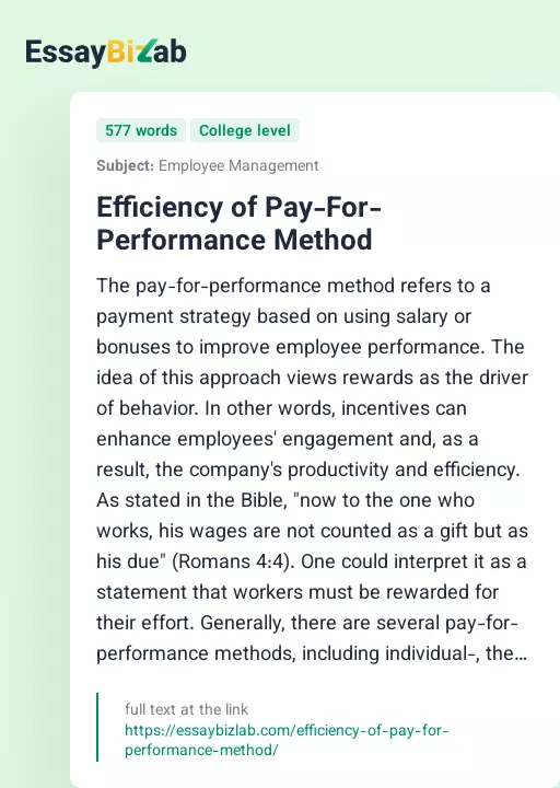 Efficiency of Pay-For-Performance Method - Essay Preview