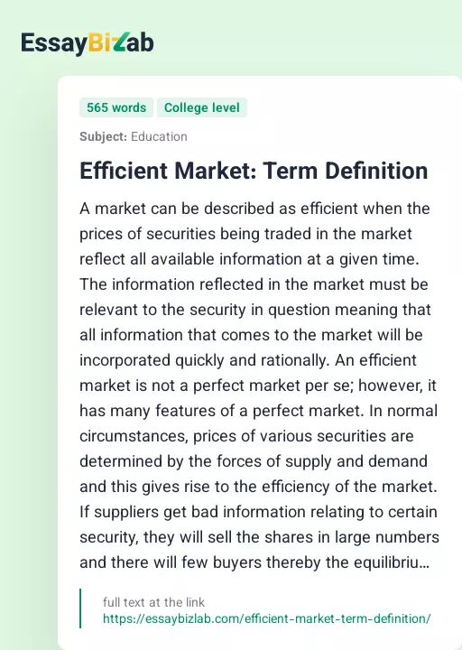 Efficient Market: Term Definition - Essay Preview
