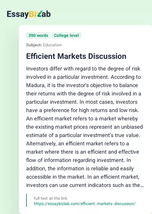 Efficient Markets Discussion - Essay Preview