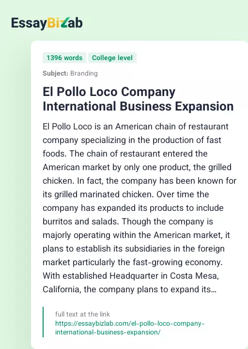 El Pollo Loco Company International Business Expansion - Essay Preview