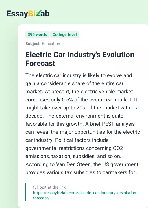 Electric Car Industry's Evolution Forecast - Essay Preview