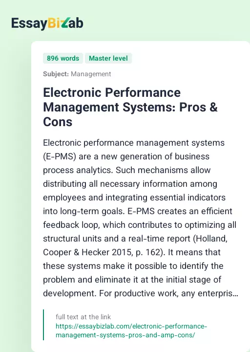 Electronic Performance Management Systems: Pros & Cons - Essay Preview