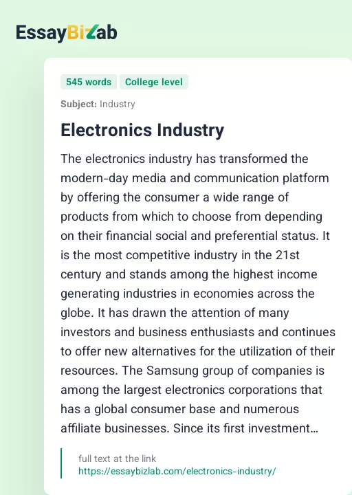 Electronics Industry - Essay Preview