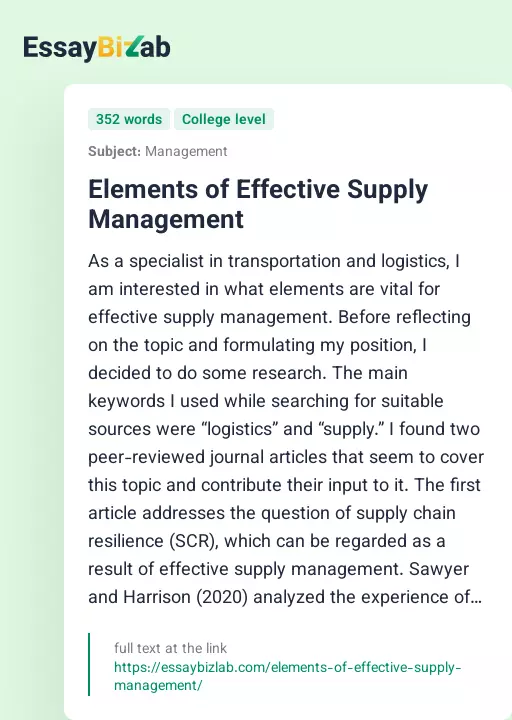 Elements of Effective Supply Management - Essay Preview