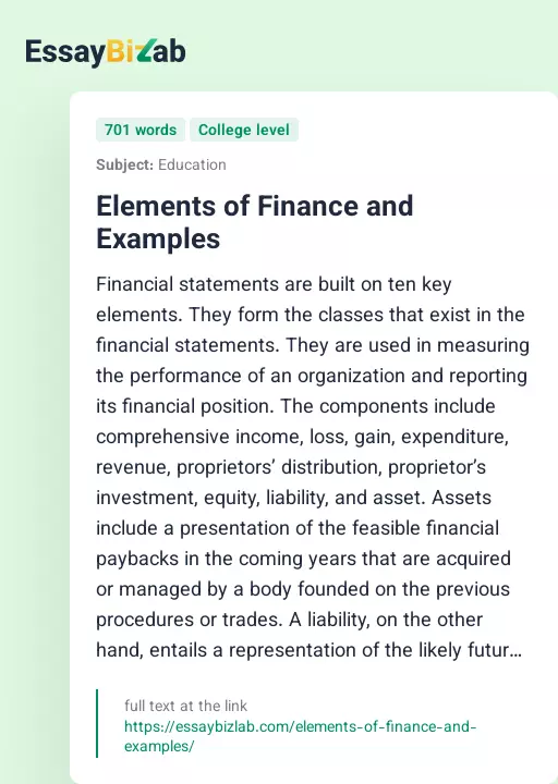 Elements of Finance and Examples - Essay Preview