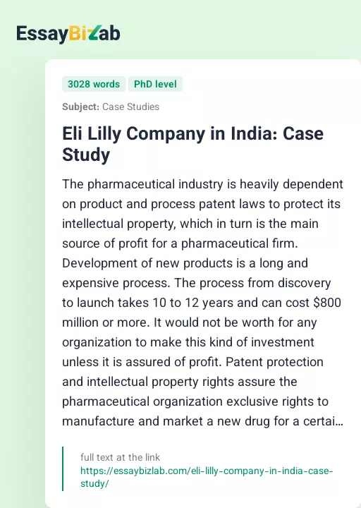 Eli Lilly Company in India: Case Study - Essay Preview