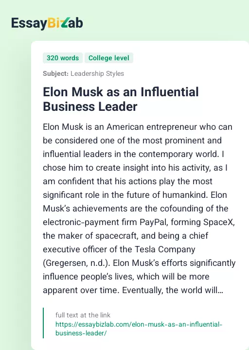 Elon Musk as an Influential Business Leader - Essay Preview