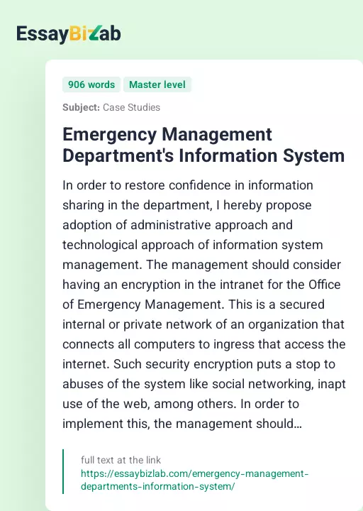 Emergency Management Department's Information System - Essay Preview