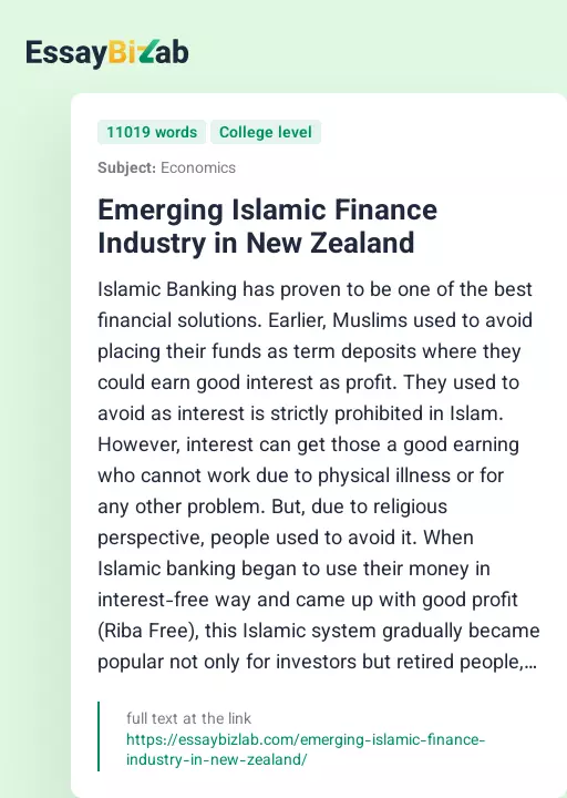 Emerging Islamic Finance Industry in New Zealand - Essay Preview