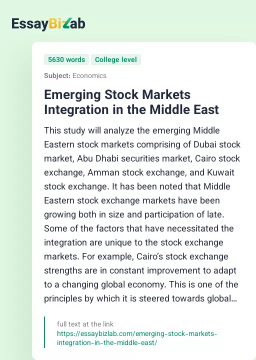 Emerging Stock Markets Integration in the Middle East - Essay Preview