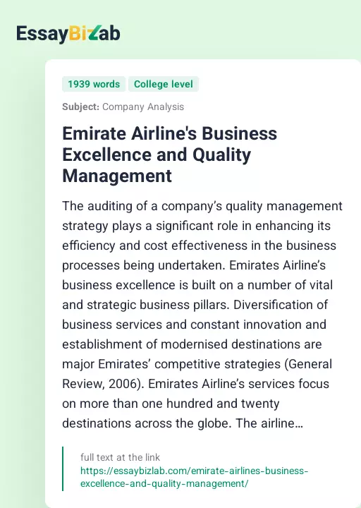 Emirate Airline's Business Excellence and Quality Management - Essay Preview