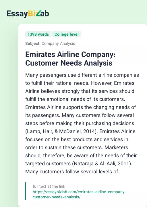 Emirates Airline Company: Customer Needs Analysis - Essay Preview