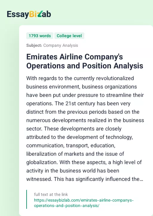 Emirates Airline Company's Operations and Position Analysis - Essay Preview