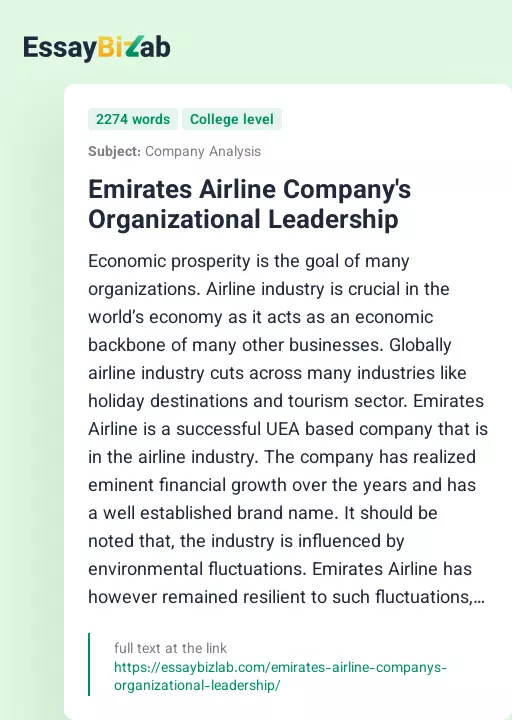 Emirates Airline Company's Organizational Leadership - Essay Preview
