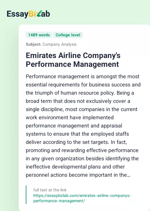 Emirates Airline Company's Performance Management - Essay Preview
