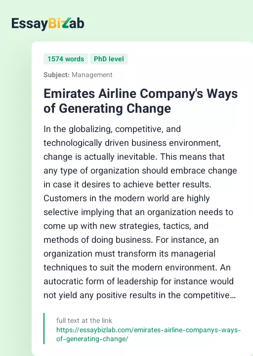 Emirates Airline Company's Ways of Generating Change - Essay Preview