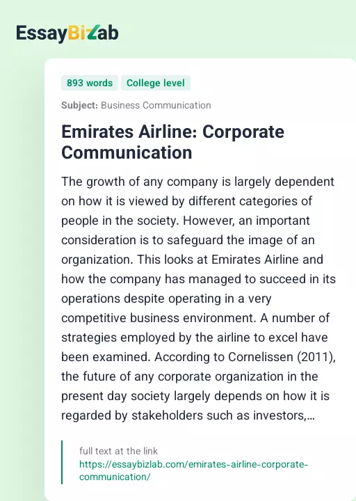 Emirates Airline: Corporate Communication - Essay Preview