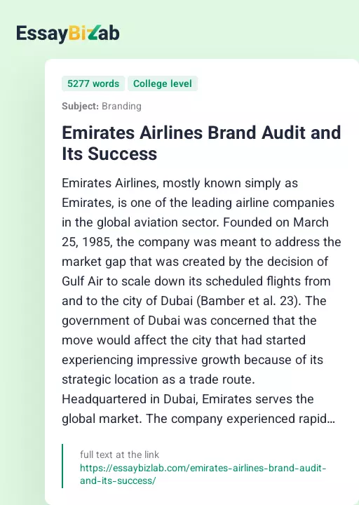Emirates Airlines Brand Audit and Its Success - Essay Preview