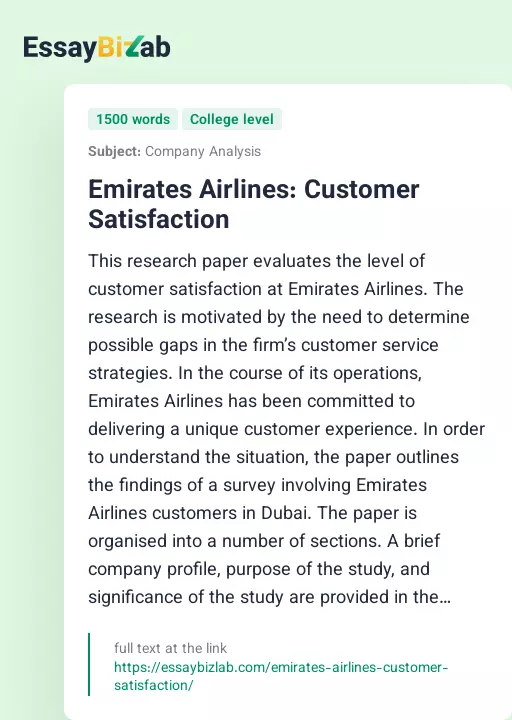 Emirates Airlines: Customer Satisfaction - Essay Preview