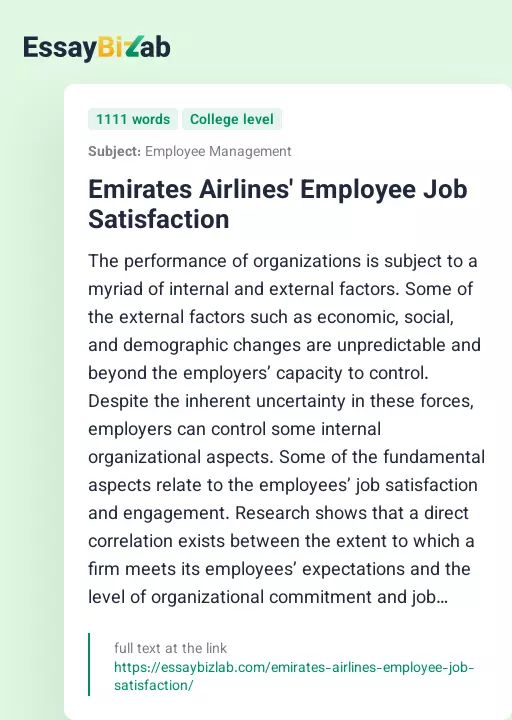 Emirates Airlines' Employee Job Satisfaction - Essay Preview