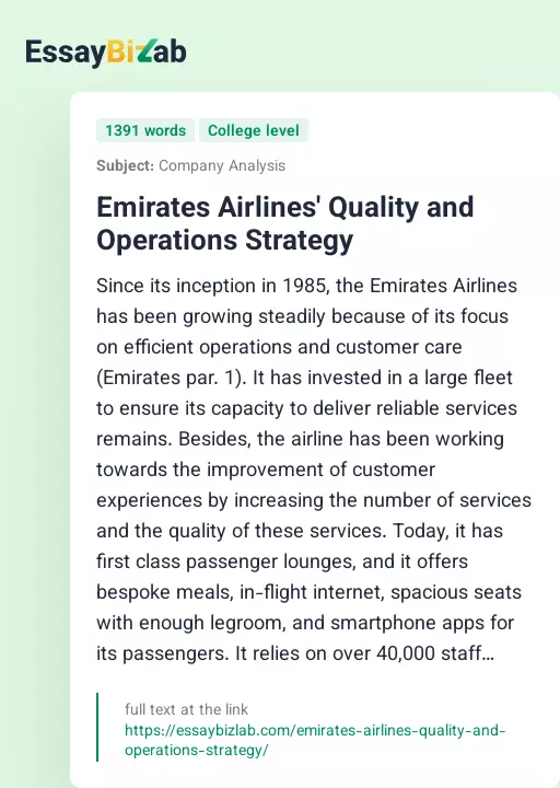 Emirates Airlines' Quality and Operations Strategy - Essay Preview