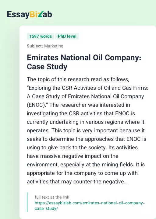 Emirates National Oil Company: Case Study - Essay Preview