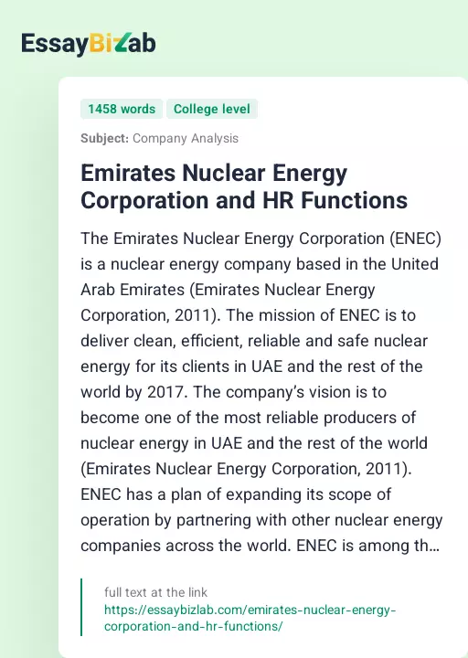 Emirates Nuclear Energy Corporation and HR Functions - Essay Preview