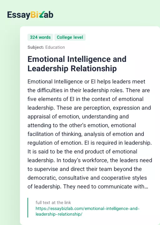 Emotional Intelligence and Leadership Relationship - Essay Preview