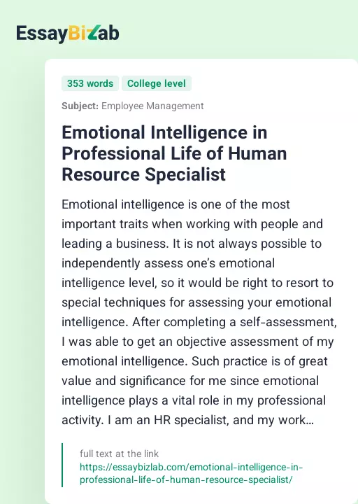 Emotional Intelligence in Professional Life of Human Resource Specialist - Essay Preview