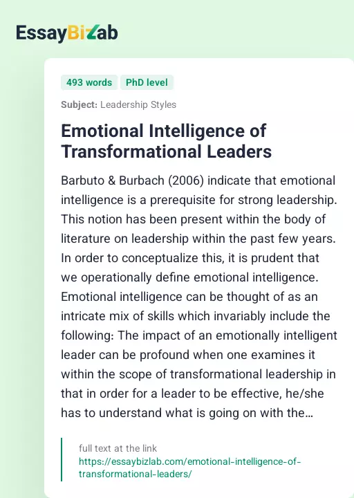 Emotional Intelligence of Transformational Leaders - Essay Preview