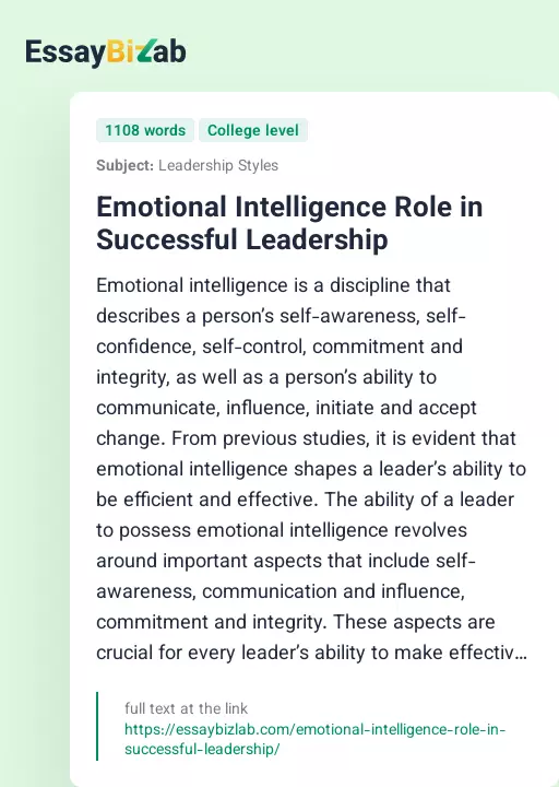 Emotional Intelligence Role in Successful Leadership - Essay Preview