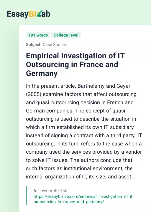 Empirical Investigation of IT Outsourcing in France and Germany - Essay Preview