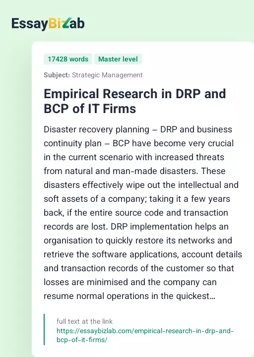 Empirical Research in DRP and BCP of IT Firms - Essay Preview